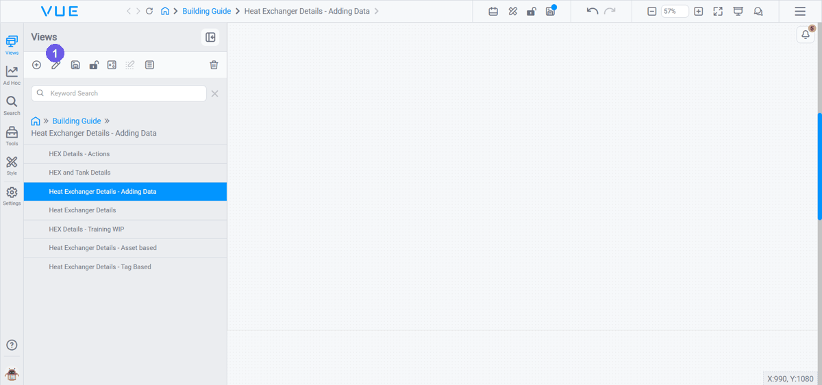 Editing a view's properties: open the edit dialog, review the General tab (name, description, hierarchy), then the Background tab (workspace size and background)