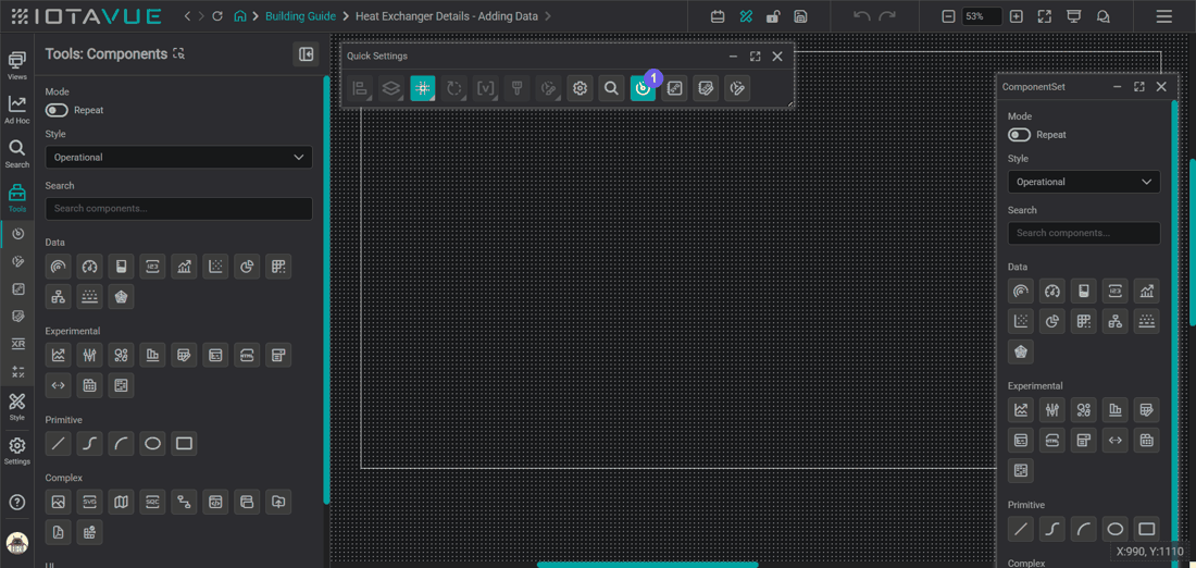 Placing a Line Chart and binding a tag: open the Components panel from the Tools tab or the Quick Settings floating panel, pick a component, drag it onto the canvas, choose a data source and tag in Search, then drop the tag on the component to bind live data