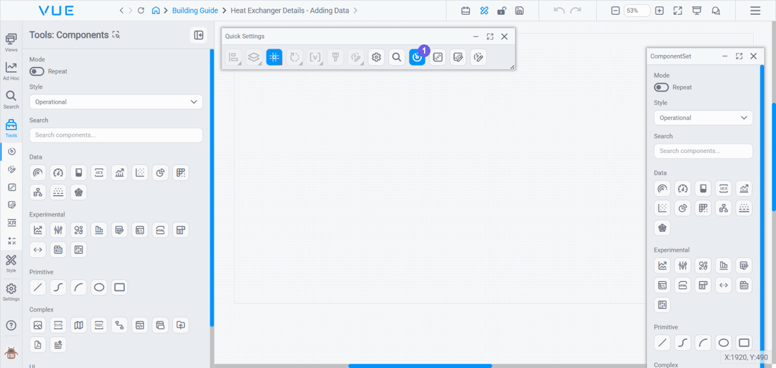 Placing a Line Chart and binding a tag: open the Components panel from the Tools tab or the Quick Settings floating panel, pick a component, drag it onto the canvas, choose a data source and tag in Search, then drop the tag on the component to bind live data