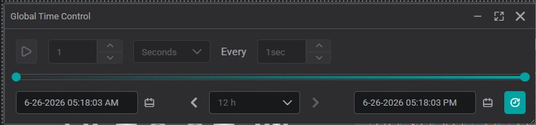 Floating Global Time Control panel showing replay controls, time slider, and start/end date pickers