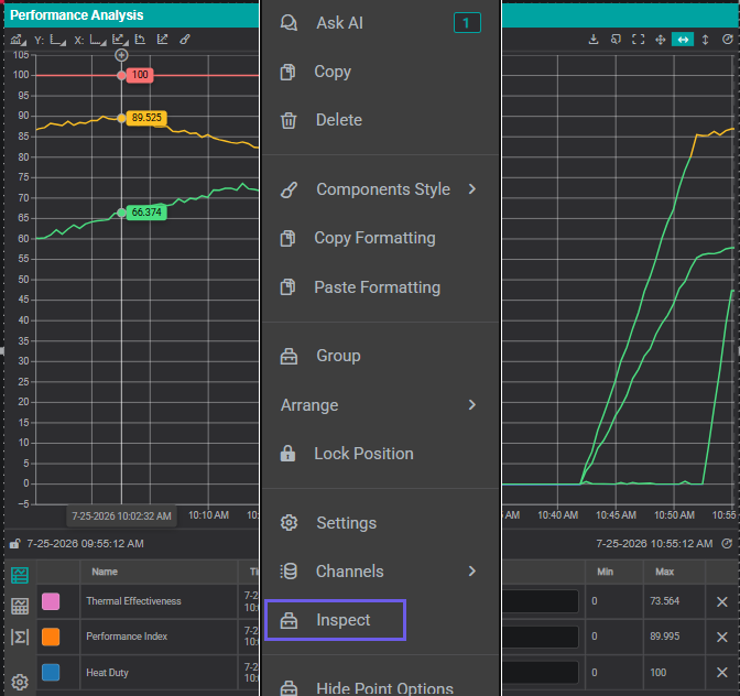 The right-click component menu in edit mode, with the Inspect option highlighted