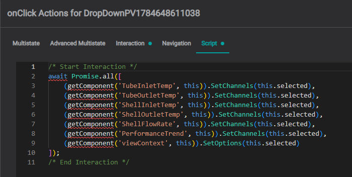 Dropdown onClick Script tab — SetChannels on each component, then SetOptions on viewContext