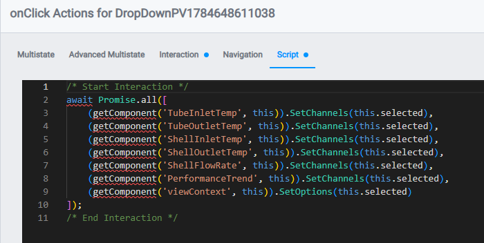 Dropdown onClick Script tab — SetChannels on each component, then SetOptions on viewContext