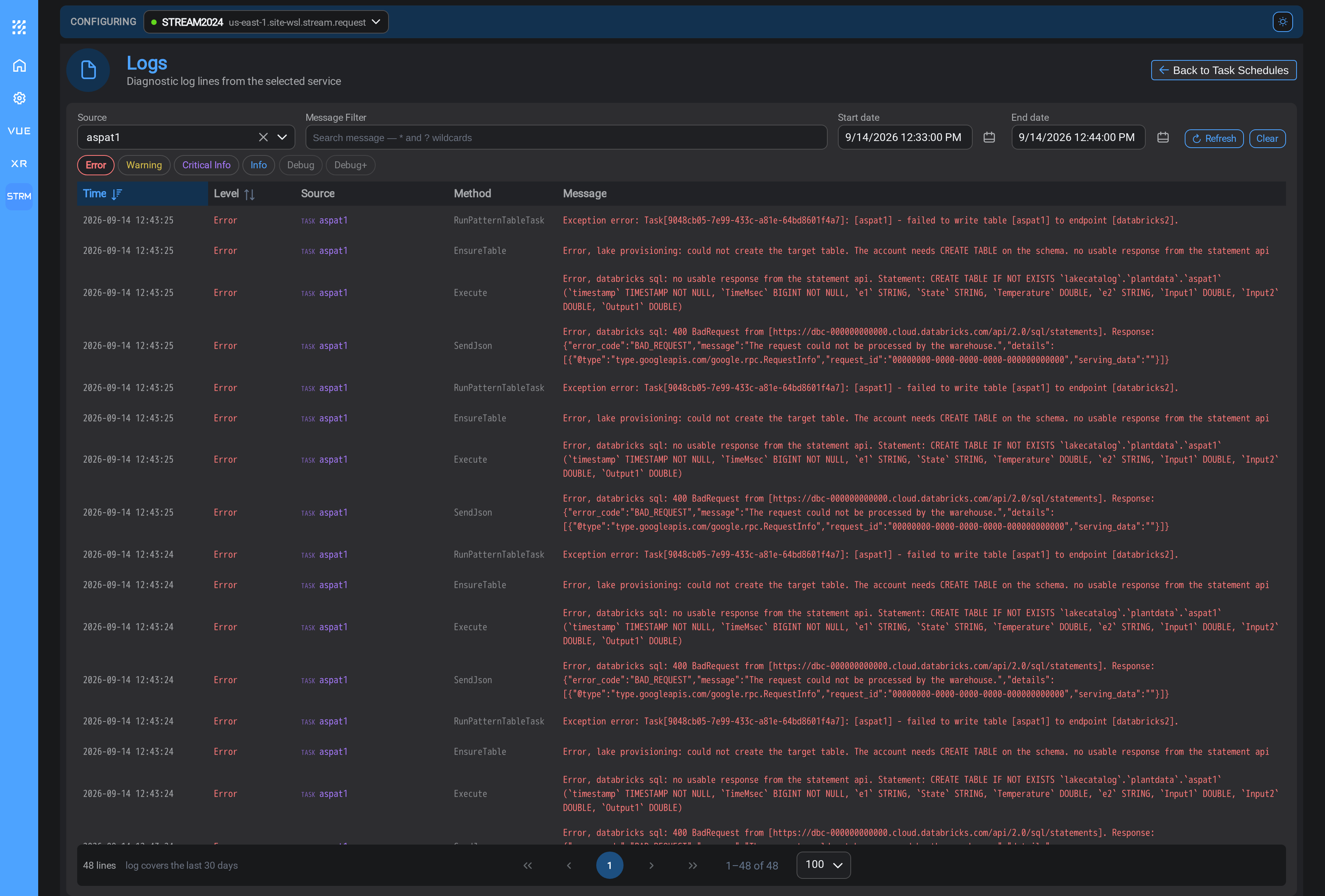 Logs, opened by double-clicking an error spike