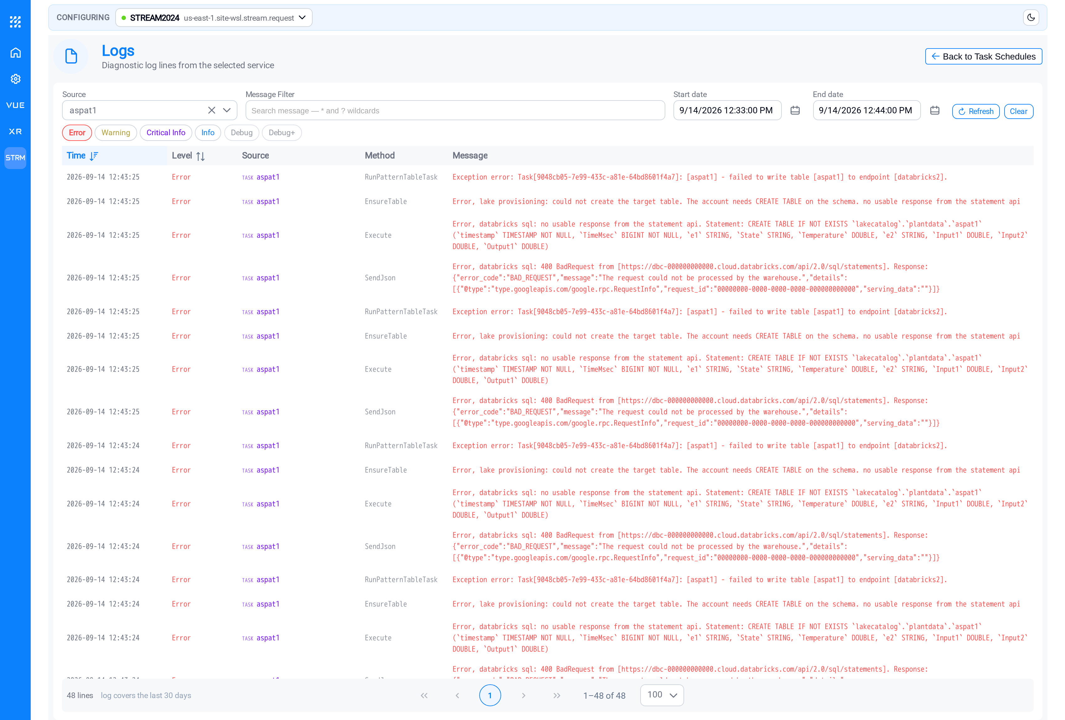 Logs, opened by double-clicking an error spike