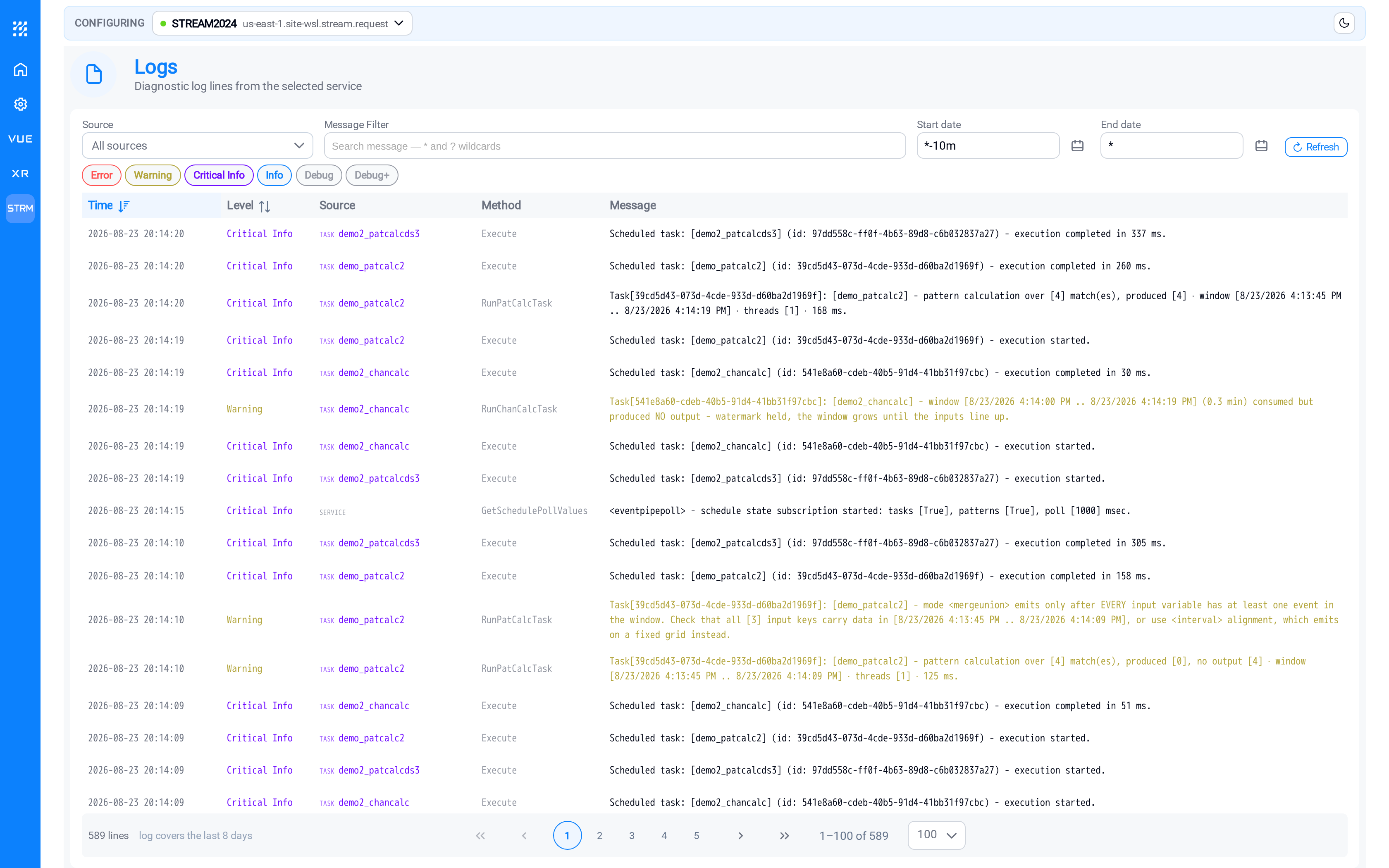 The Logs page