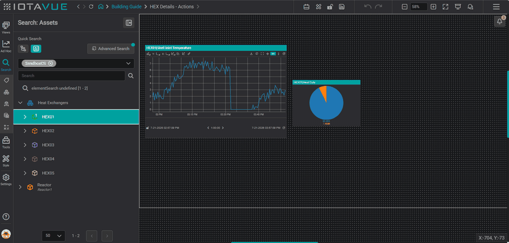 Sharing asset context without scripting β the detail view's onCreate reads viewContext, the dropdown writes the selection into viewContext, and double-clicking the SVG opens the popup pre-loaded with the chosen exchanger