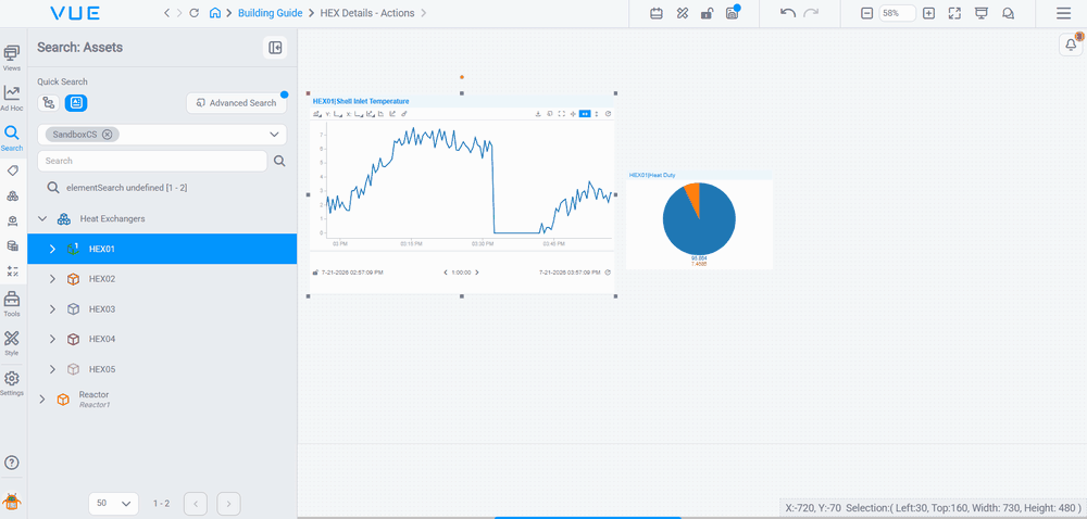 Sharing asset context without scripting β the detail view's onCreate reads viewContext, the dropdown writes the selection into viewContext, and double-clicking the SVG opens the popup pre-loaded with the chosen exchanger