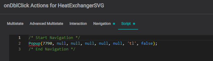 SVG onDblClick Script tab β a Popup call opening the detail view
