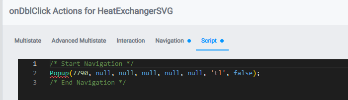 SVG onDblClick Script tab β a Popup call opening the detail view
