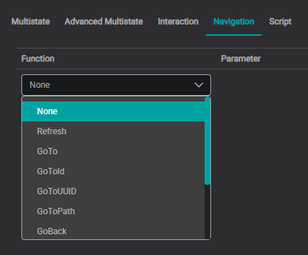 The Navigation tab in a component's Actions panel, with the Function dropdown open showing GoTo, GoToId, GoToUUID, GoToPath, and other navigation functions