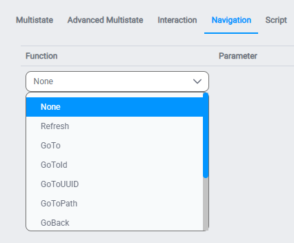 The Navigation tab in a component's Actions panel, with the Function dropdown open showing GoTo, GoToId, GoToUUID, GoToPath, and other navigation functions