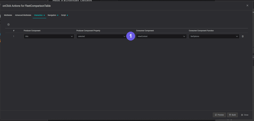 Navigating from a fleet table row β the row's onClick writes the selection into viewContext with SetOptions, a GoTo navigation opens the detail view in place, and the detail view's onCreate reads viewContext to load the clicked exchanger