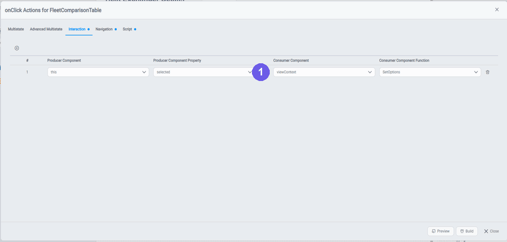 Navigating from a fleet table row β the row's onClick writes the selection into viewContext with SetOptions, a GoTo navigation opens the detail view in place, and the detail view's onCreate reads viewContext to load the clicked exchanger