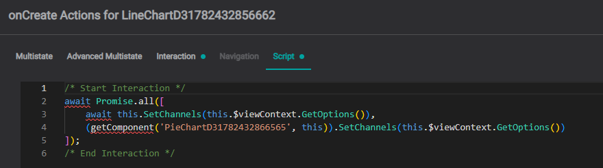 The detail view's onCreate Script tab β each component calls SetChannels from the view context