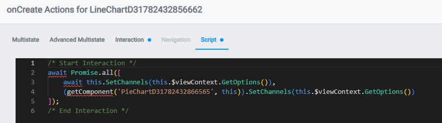 The detail view's onCreate Script tab β each component calls SetChannels from the view context