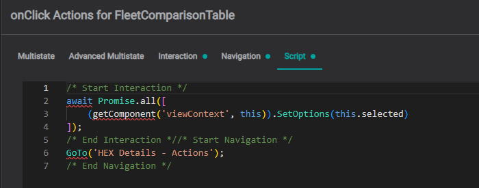 The Fleet Comparison table's onClick Script tab β SetOptions on viewContext, then GoTo the detail view