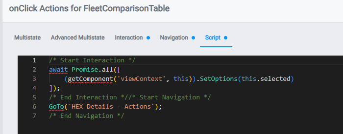 The Fleet Comparison table's onClick Script tab β SetOptions on viewContext, then GoTo the detail view