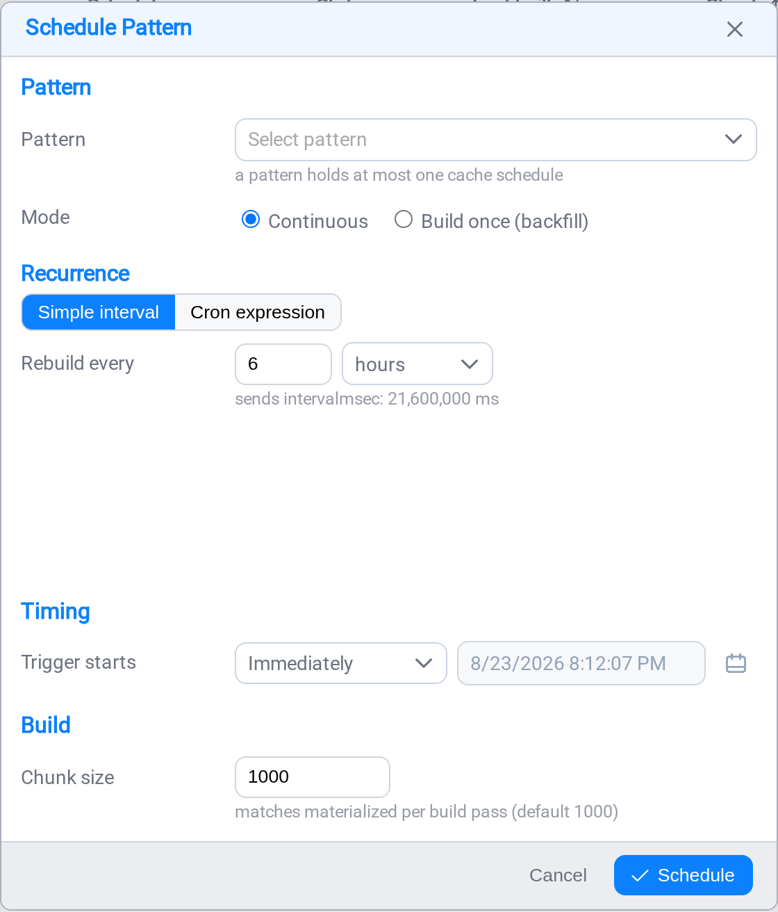 Scheduling a pattern cache rebuild