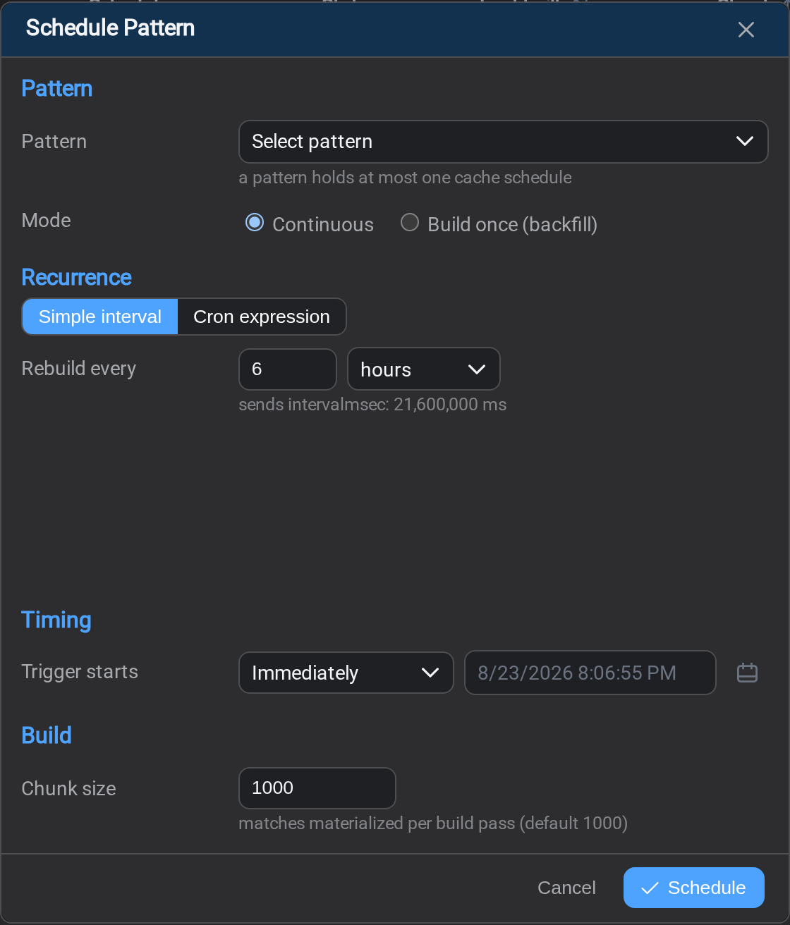Scheduling a pattern cache rebuild