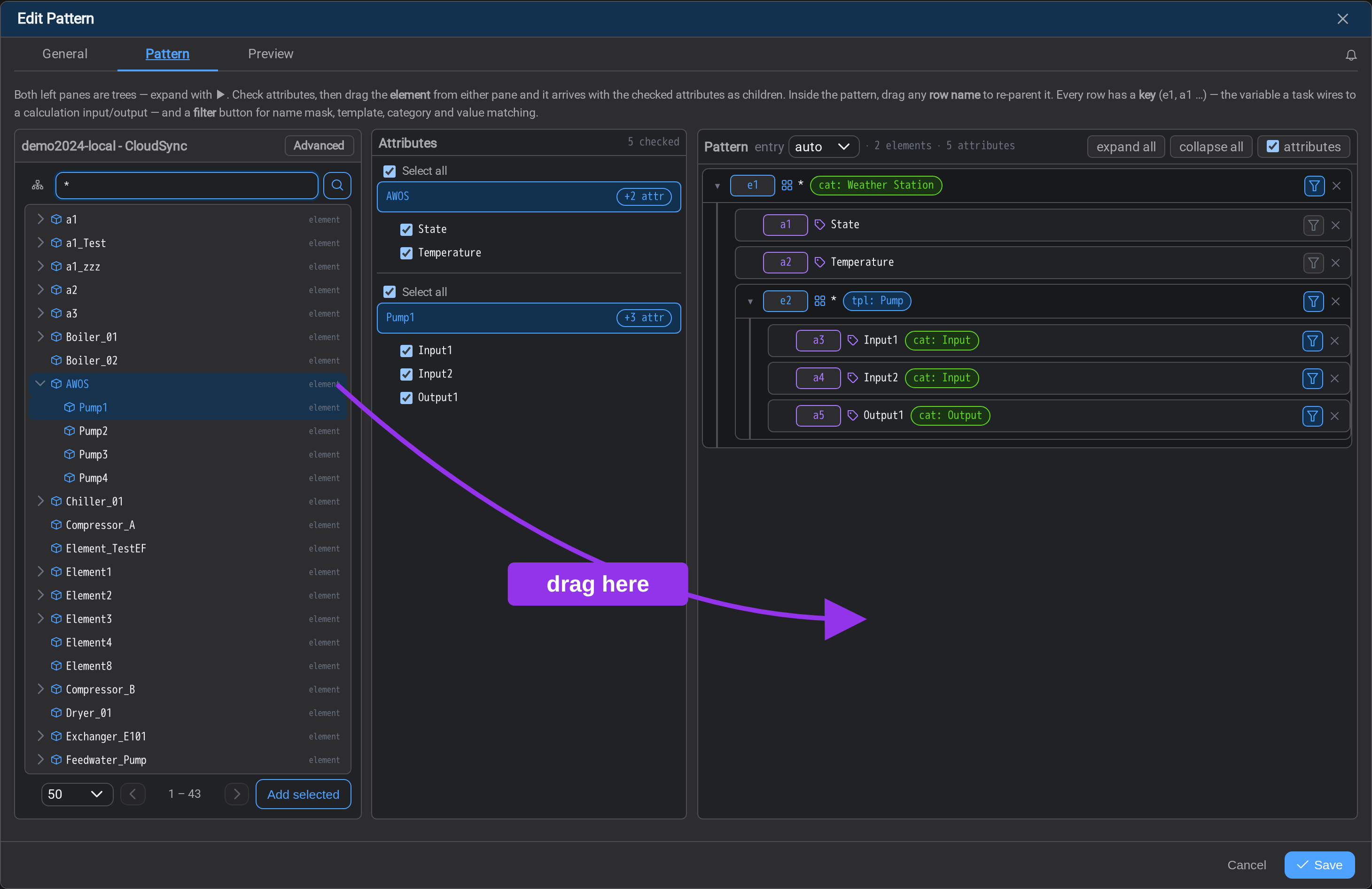 Building a pattern: search, attributes, and the pattern pane