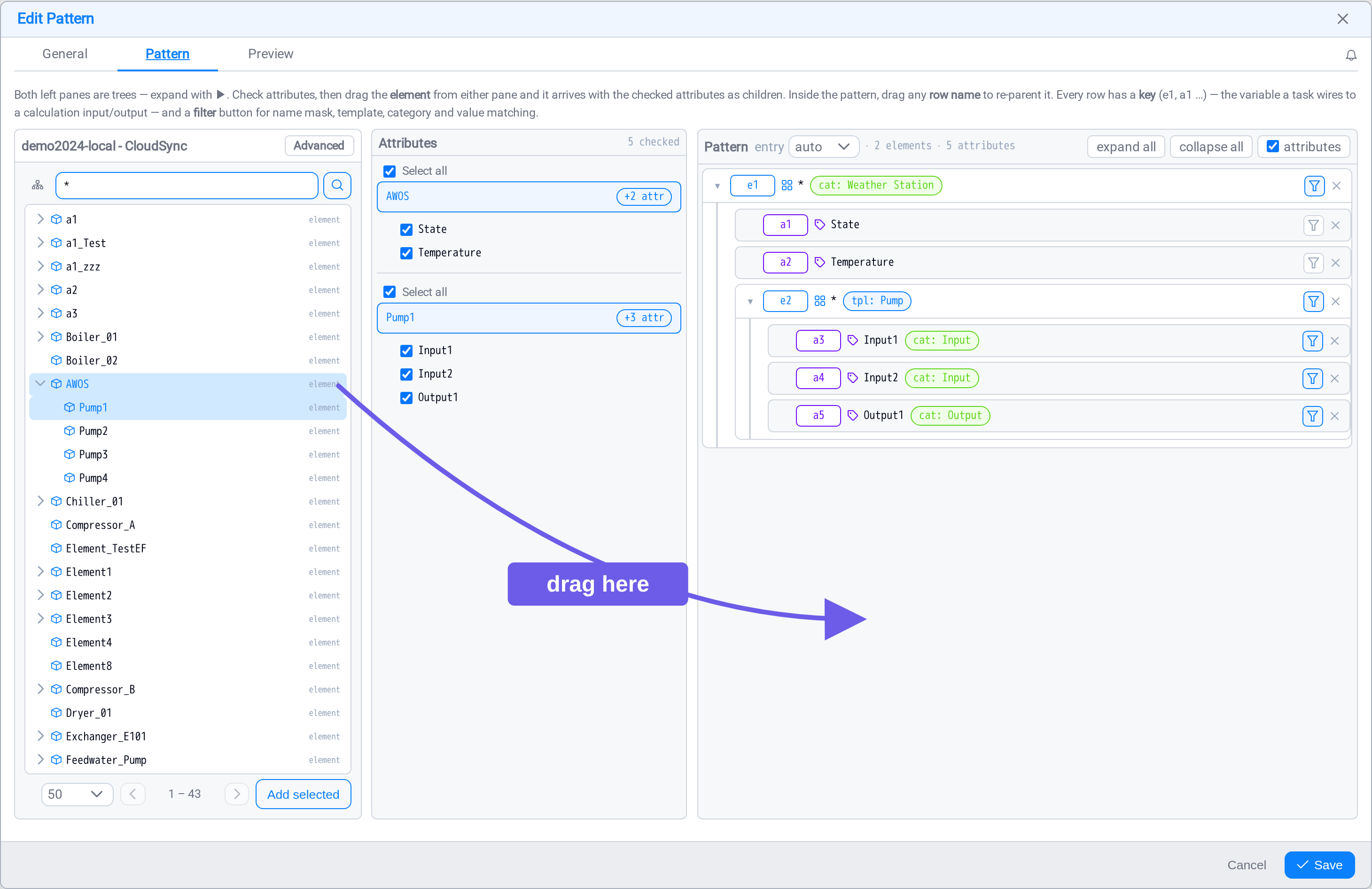 Building a pattern: search, attributes, and the pattern pane