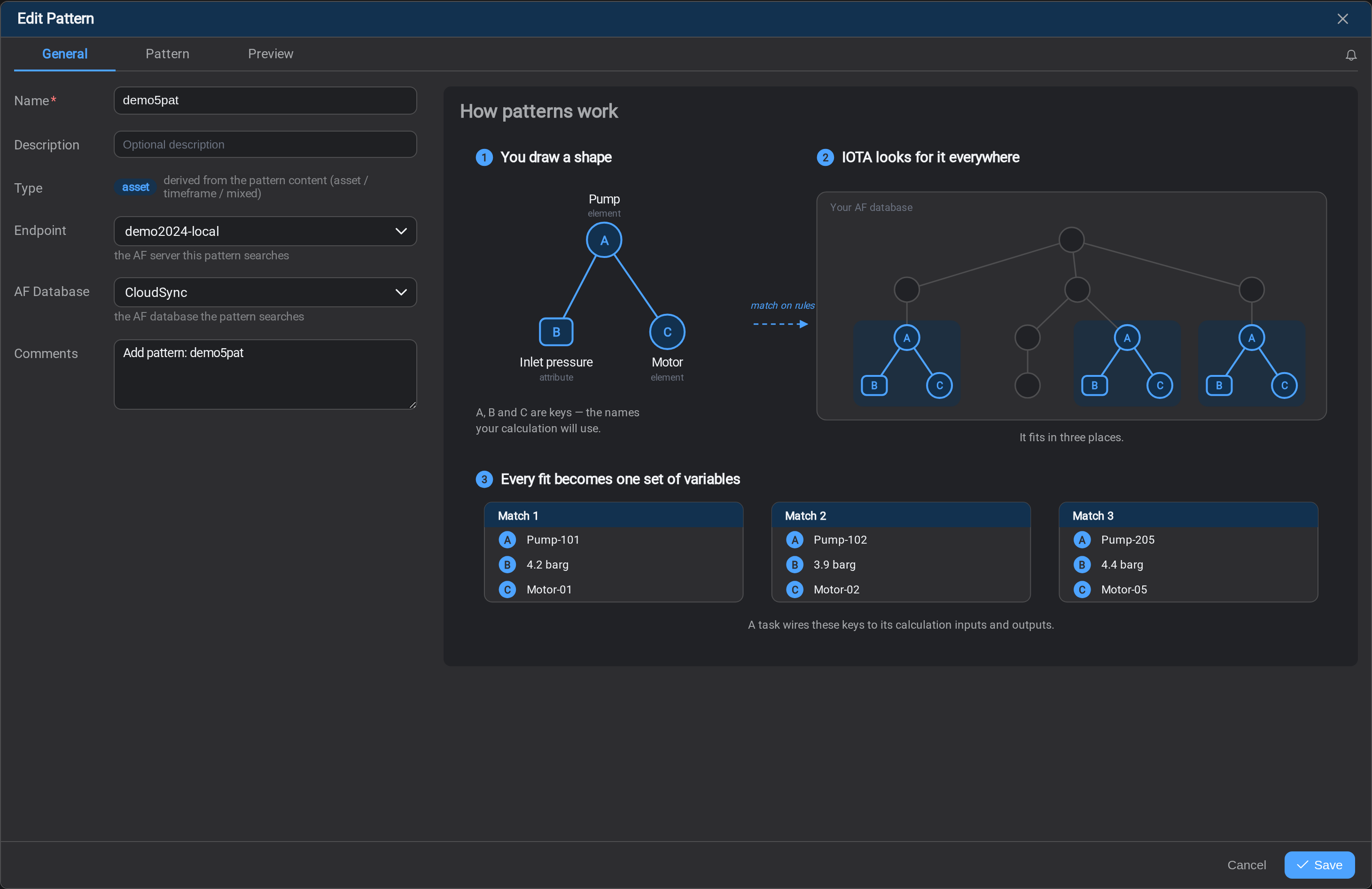 The General tab of the pattern dialog