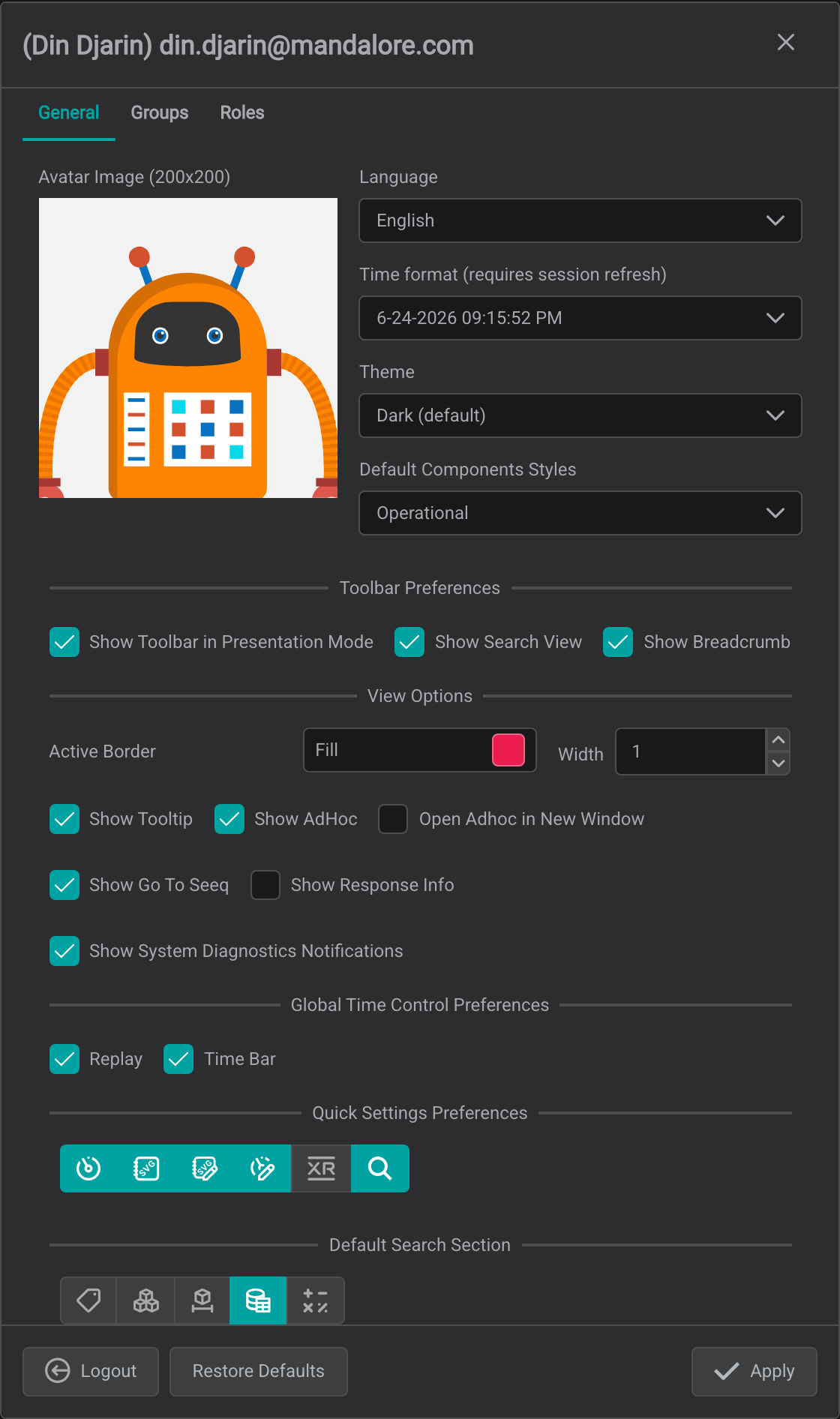 The user profile dialog