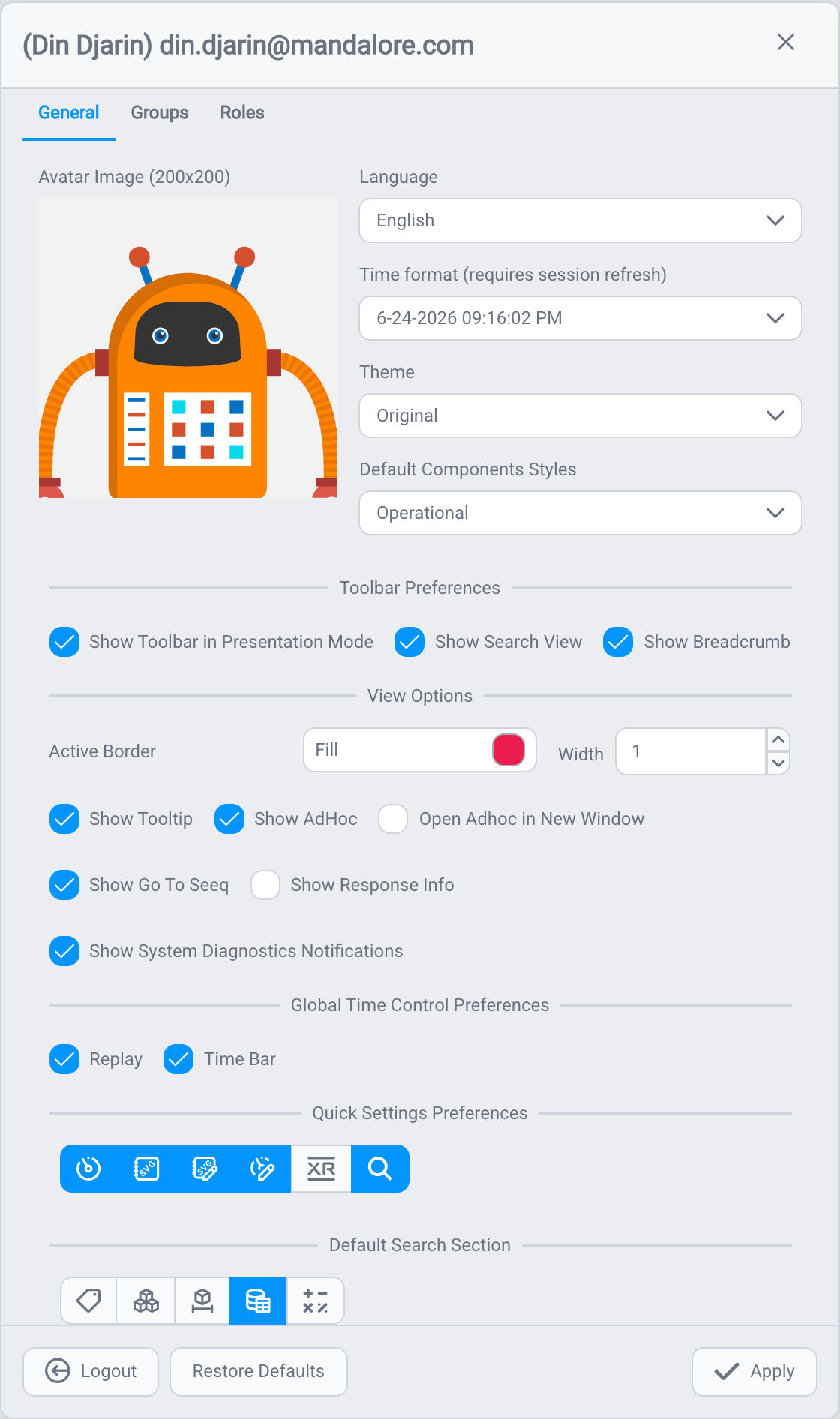 The user profile dialog