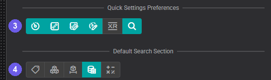 User Profile dialog with Quick Settings Preferences and Default Search Section rows numbered