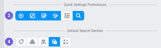 User Profile dialog with Quick Settings Preferences and Default Search Section rows numbered