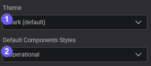 User Profile dialog with Theme and Default Component Style dropdowns numbered