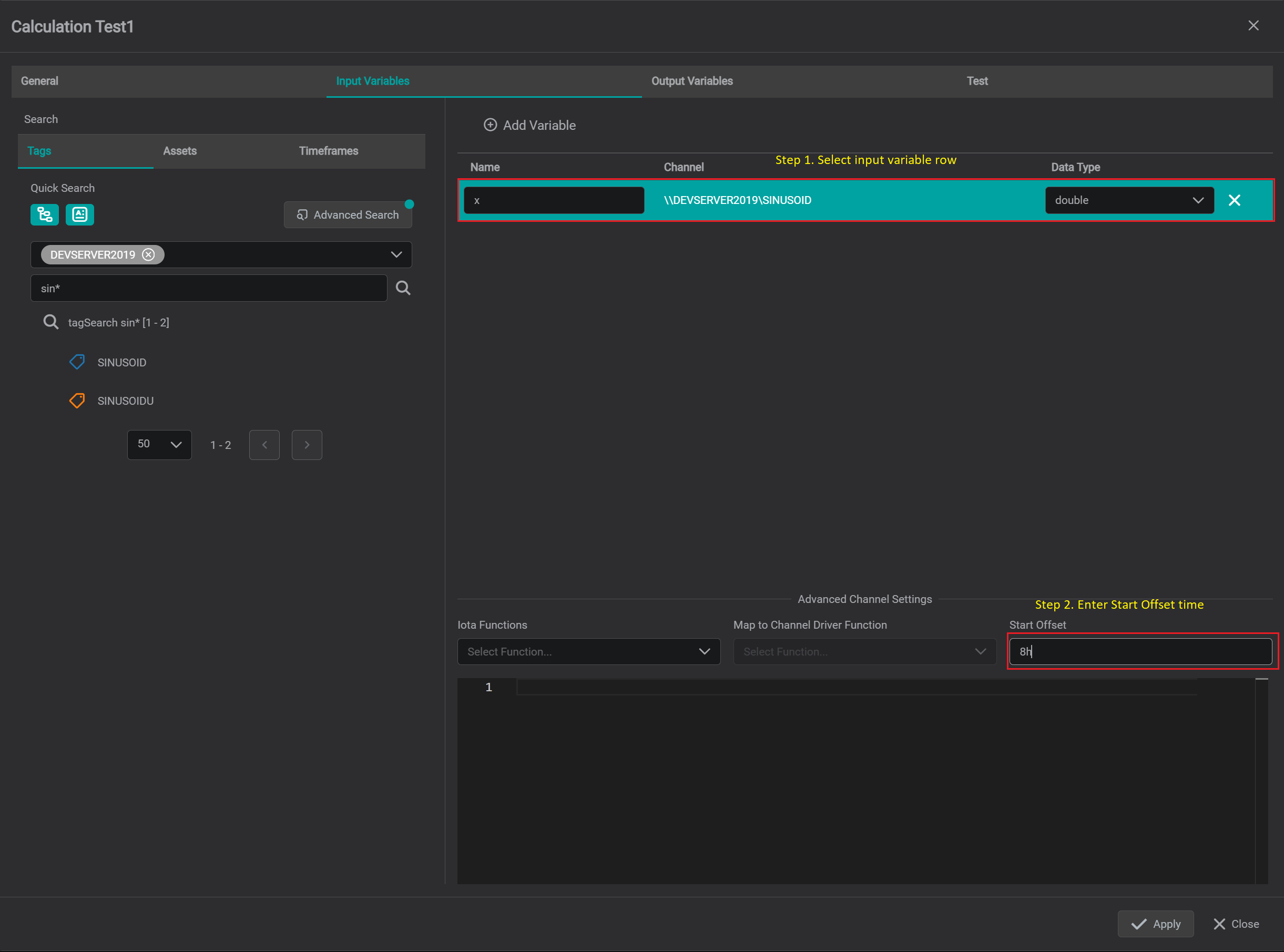 set input variable start offset time