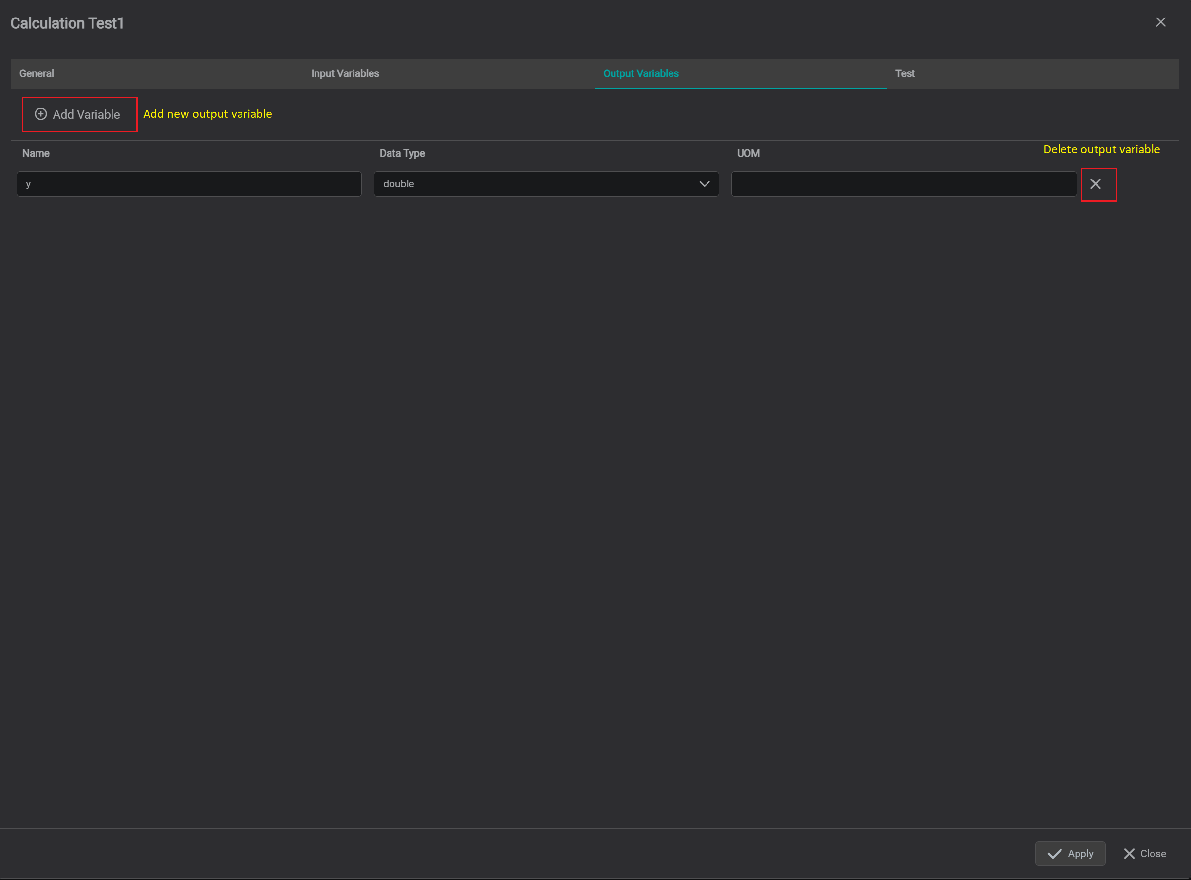 output variables tab