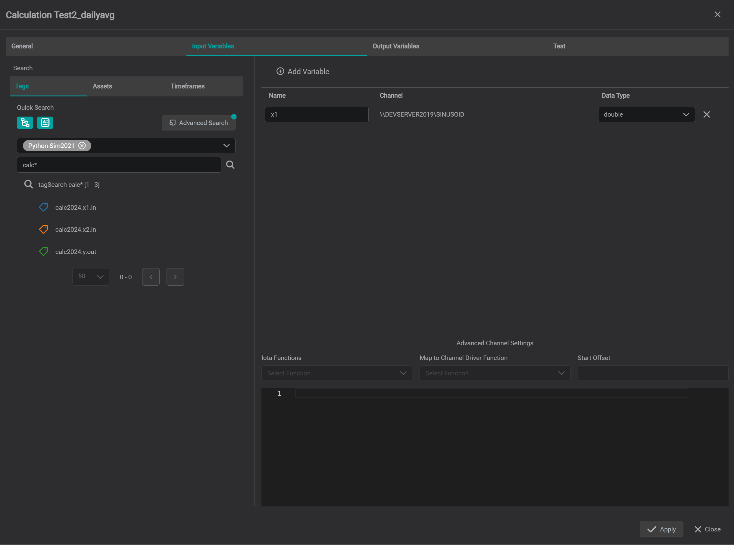 example 1 - input variables tab