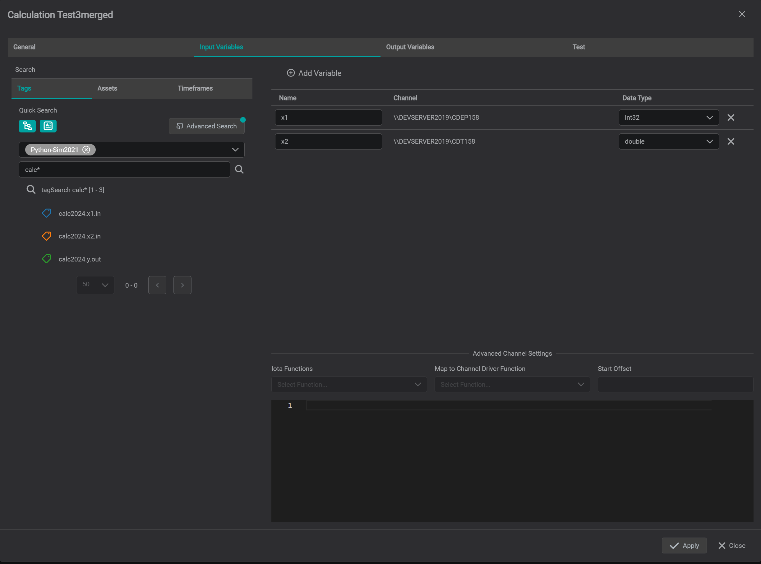 example 2 - input variables tab