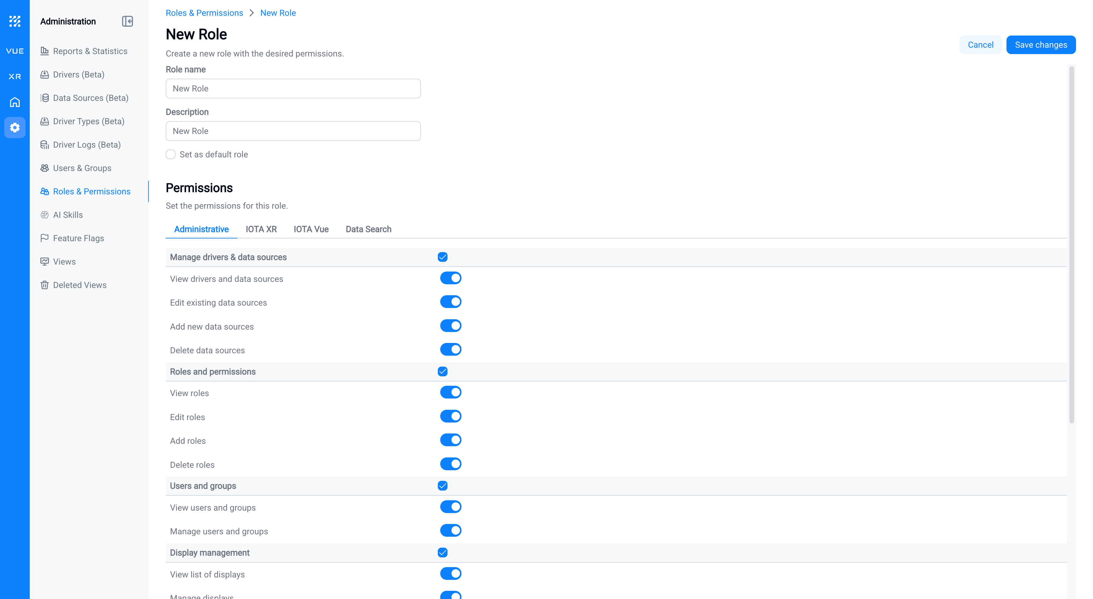 The role form's Permissions section with its four tabs