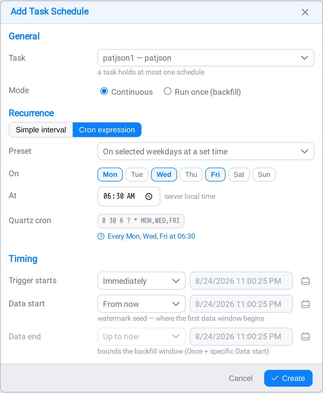 The cron builder with Monday, Wednesday and Friday selected