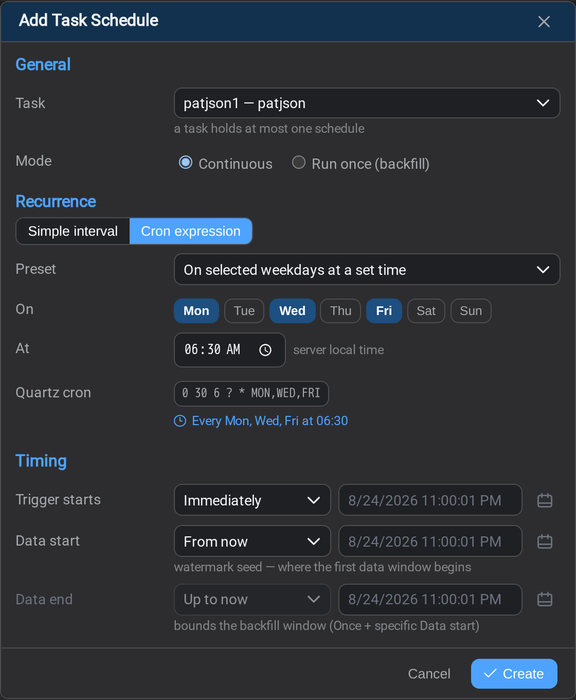 The cron builder with Monday, Wednesday and Friday selected