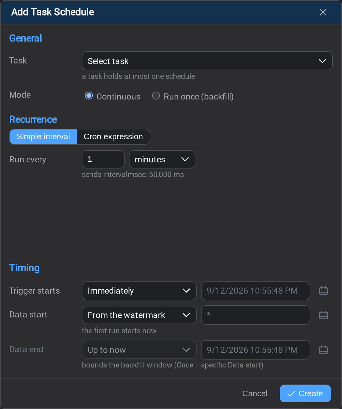 The schedule builder, with its plain-words summary