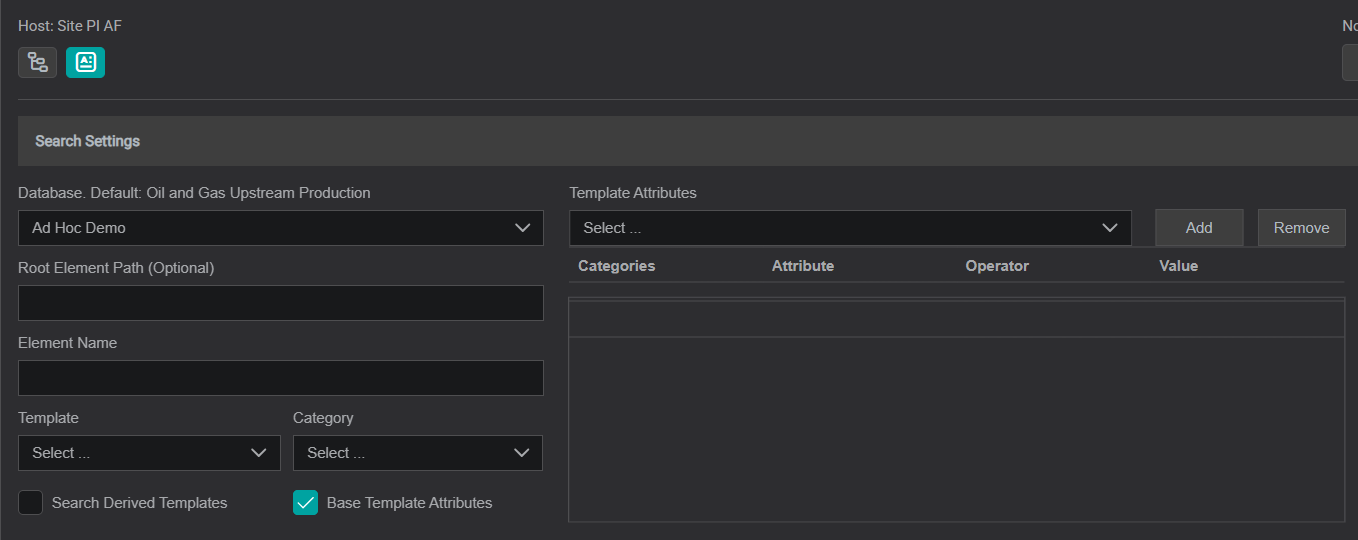 Assets Advanced Search dialog on the Site PI AF host: AF Database, Root Element Path, Element Name, Template, Category, and Template Attribute filters