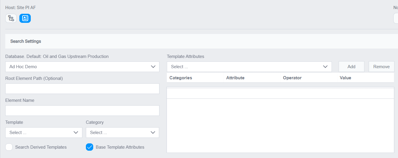 Assets Advanced Search dialog on the Site PI AF host: AF Database, Root Element Path, Element Name, Template, Category, and Template Attribute filters