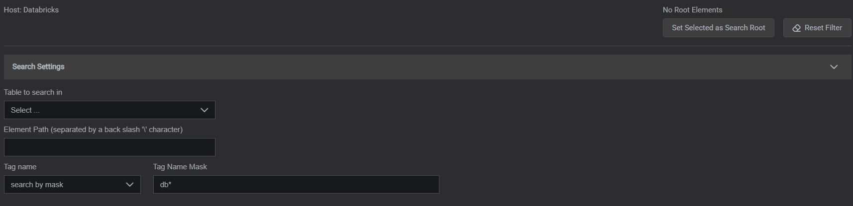 Advanced Search dialog on a SQL-based source: Table to search in, Element Path, Tag name mode, and Tag Name Mask filters