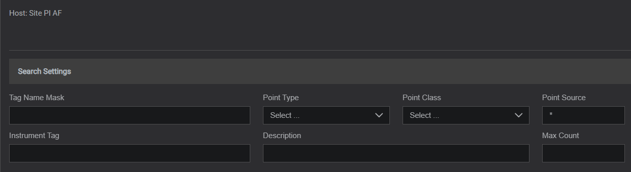 Tags Advanced Search dialog on the Site PI AF host: Tag Name Mask, Point Type, Point Class, Point Source, Instrument Tag, Description, and Max Count filters