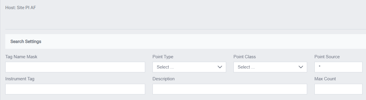 Tags Advanced Search dialog on the Site PI AF host: Tag Name Mask, Point Type, Point Class, Point Source, Instrument Tag, Description, and Max Count filters