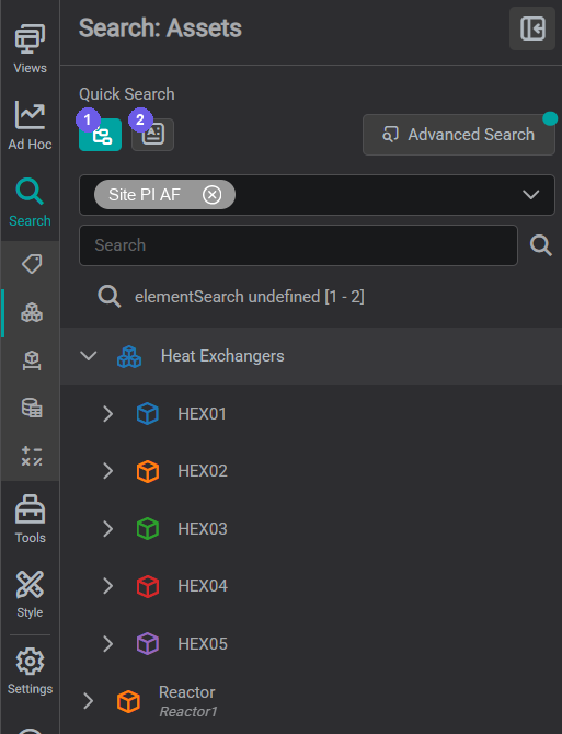 Assets tab with Search Hierarchy (1) on: the Heat Exchangers parent expanded to HEX01–HEX05, each with an expand arrow. Load Attributes (2), covered below, reveals a node's attributes