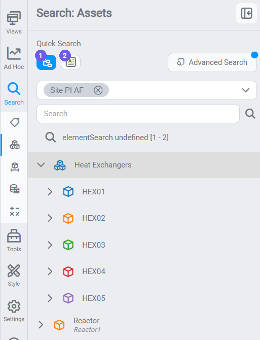 Assets tab with Search Hierarchy (1) on: the Heat Exchangers parent expanded to HEX01–HEX05, each with an expand arrow. Load Attributes (2), covered below, reveals a node's attributes