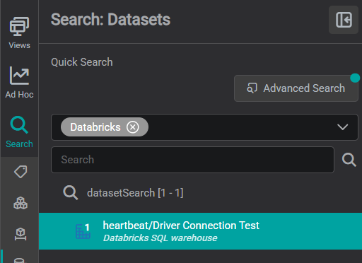 Datasets tab: a "heartbeat/Driver Connection Test" dataset returned from a Databricks SQL warehouse, on the Databricks data source
