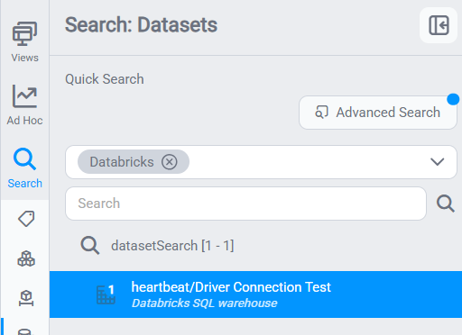 Datasets tab: a "heartbeat/Driver Connection Test" dataset returned from a Databricks SQL warehouse, on the Databricks data source