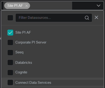 Data source selector above the search bar, opened to show the list of configured sources with one selected